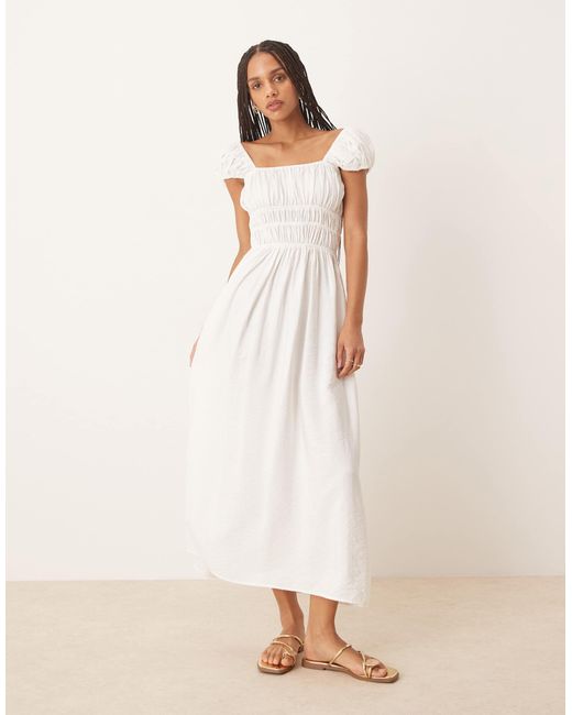 ASOS Natural Square Neck Short Sleeve Midi Dress With Cinched Channel Waist