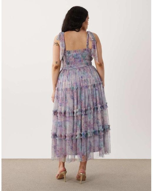 Lace & Beads Plus Purple Bow Shoulder Shirred Ruffle Midi Dress