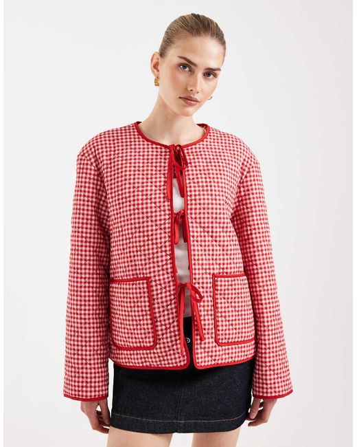 Pieces Red Tie Front Quilted Jacket