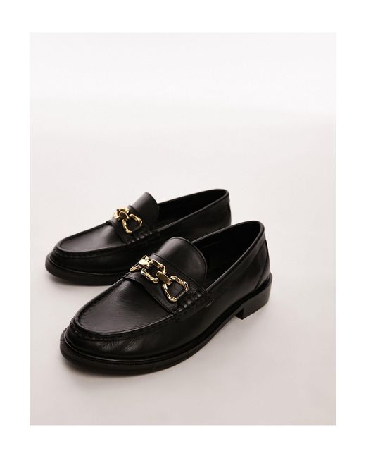 TOPSHOP Black Cooper Leather Loafer With Gold Trim