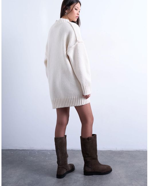 TOPSHOP White Knitted High V-neck Mini Oversized Jumper Dress