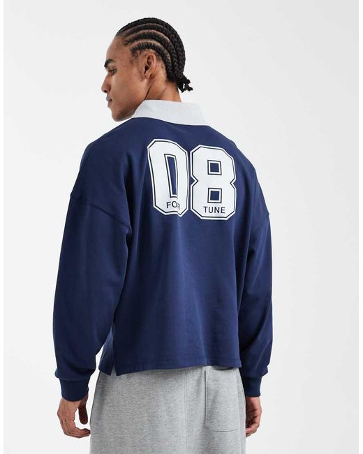 Cotton On Blue Cropped Fit Graphic Fleece Polo Shirt for men