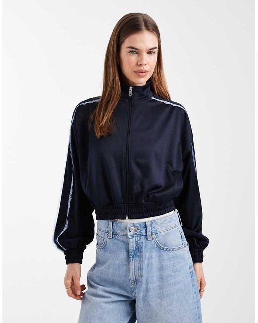 ASOS Blue Lace Trim Detail Funnel Neck Tricot Track Jacket