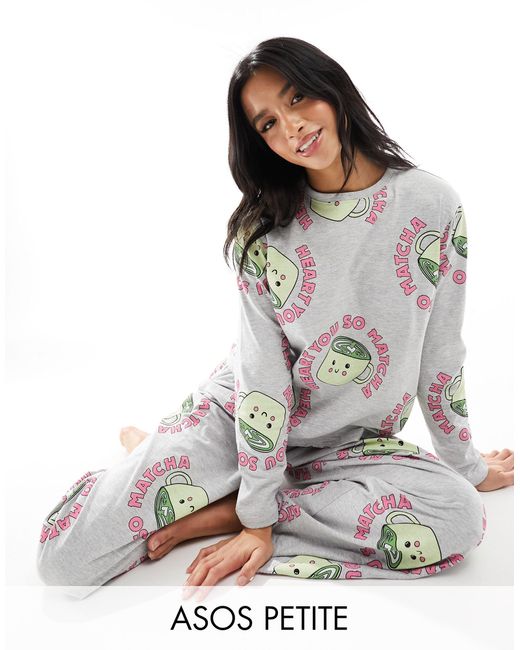 ASOS Gray Asos Design Petite Matcha Long Sleeve Top & Trouser Pyjama Set