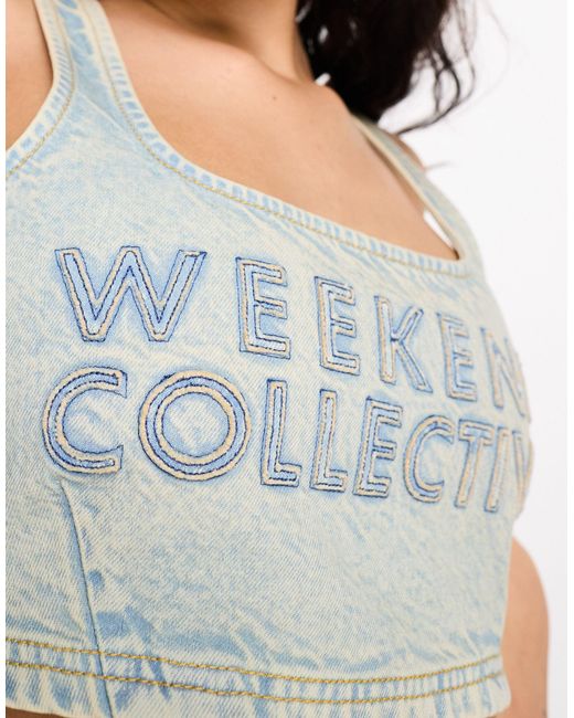Asos design weekend collective - brassière di jeans con bordi grezzi e logo di ASOS in Gray