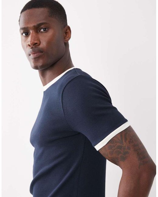 ASOS Blue Muscle Fit T-shirt With Ringer Detailing for men