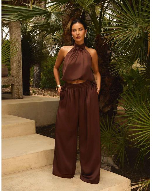 Wanderdoll Brown Wander Doll X Emma Milton Summa Satin High-neck Halterneck Bubble-hem Top
