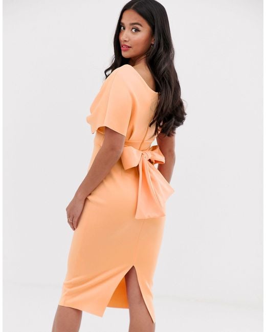 fallen shoulder midi pencil dress with tie detail