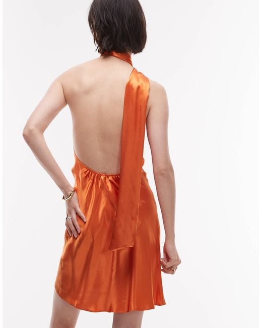 TOPSHOP Orange Tie Neck Halter Mini Dress Satin
