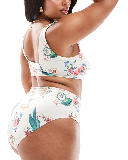 ASOS White Asos design curve – bikinihose mit postkarten-print, hohem beinausschnitt und hohem bund