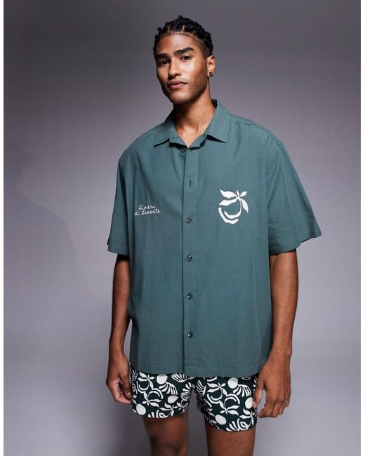ASOS Blue Co-ord Oversized Shirt With Chest Embroidery for men