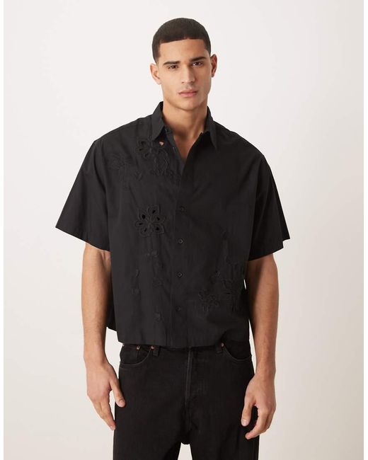 ASOS Black Premium Boxy Oversized Shirt With Floral Embroidery for men