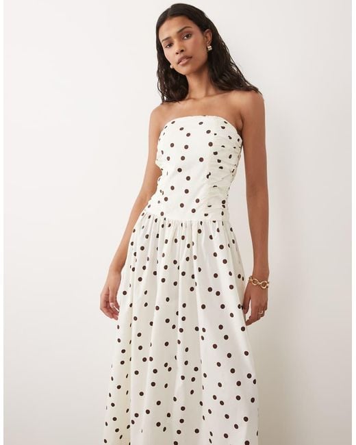 New Look Natural Polka Dot Bandeau Ruched Midi Dress