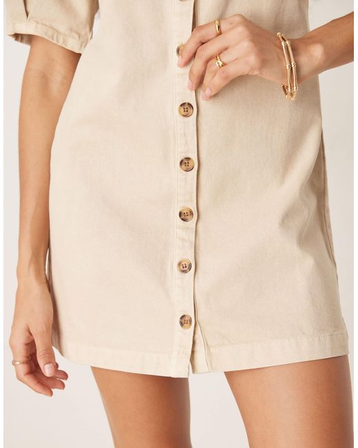 ASOS Natural Denim Button Through Mini Dress With Puff Sleeves
