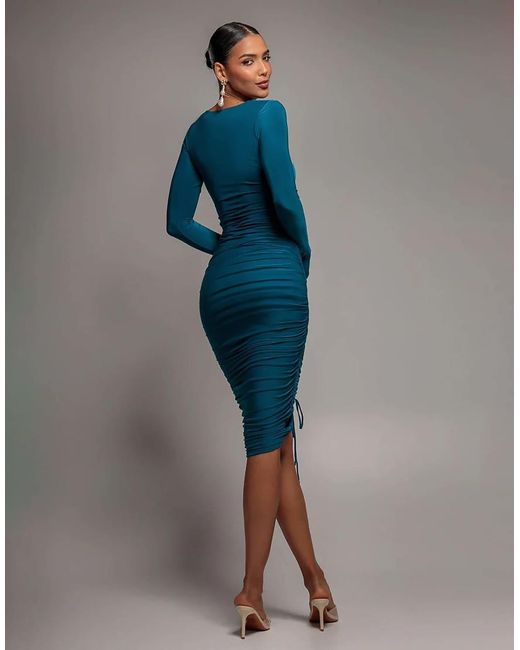 Goddiva Blue Asymmetrical Neck Ruched Midi Dress