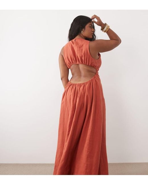 ASOS Orange Asos Design Curve Premium 100% Linen Waisted Maxi Dress With Open Back