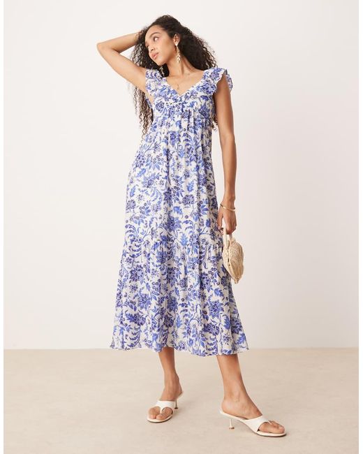 Vestito Midi Con Stampa Botanica E Maniche Con Volant di Mango in Blue