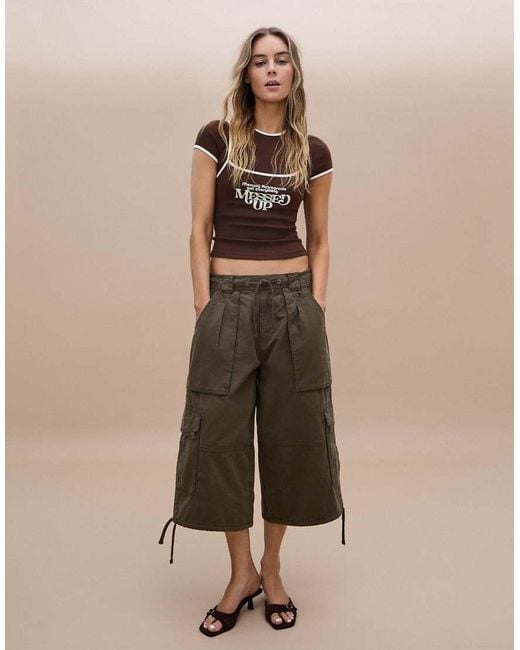 Bershka Brown Double Short Sleeve T-Shirt With Contrast Print
