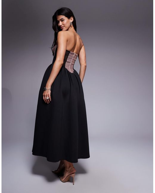 ASOS Blue Premium Bandeau Satin Corseted Maxi Dress With Full Skirt