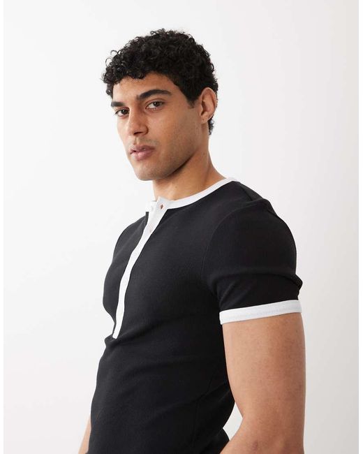 ASOS Blue Muscle Fit T-shirt With Henley Neck And Contrast Detail for men
