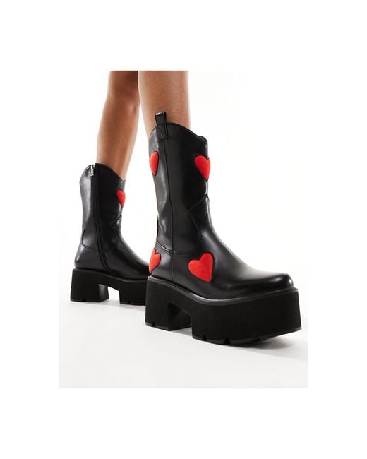 Lamoda Black Heart Throb Chunky Heeled Western Boots With Heart Applique