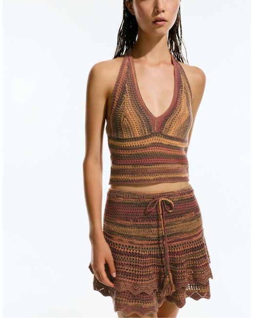 Pull&Bear Gehaakte Mini Rok Met Ruches in het Brown