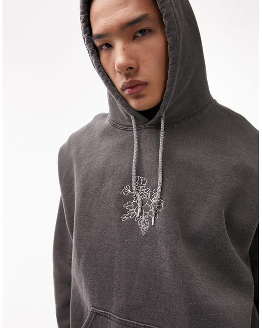 Topman Black Oversized Fit Hoodie With Floral Embroidery for men