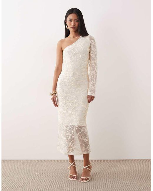Y.A.S Natural One Shoulder Maxi Dress With Satin Embroidery