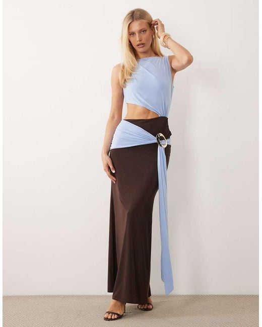 ASOS Natural Slinky Color Block Slash Neck Maxi Dress With Gold Trim Detail