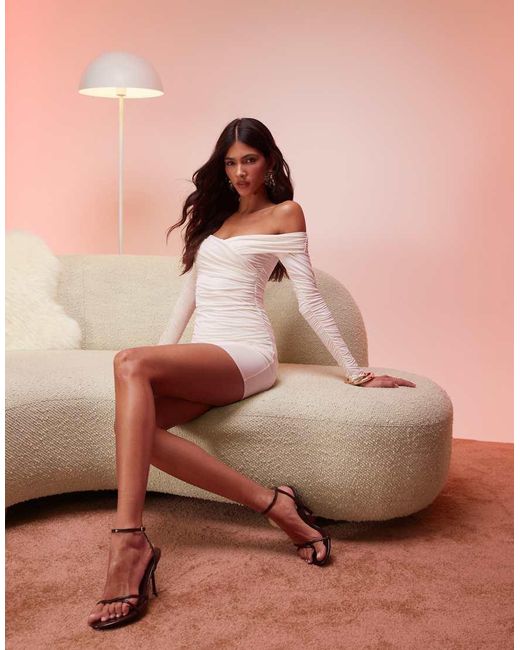Oh Polly Brown Aarti Off Shoulder Ruched Bodycon Mini Dress