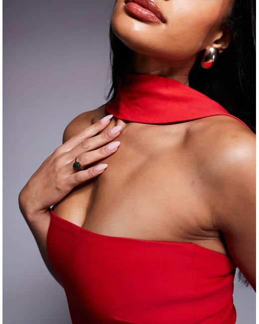 Vesper Red Bengaline Choker Neck Detail Bandeau Side Split Maxi Dress