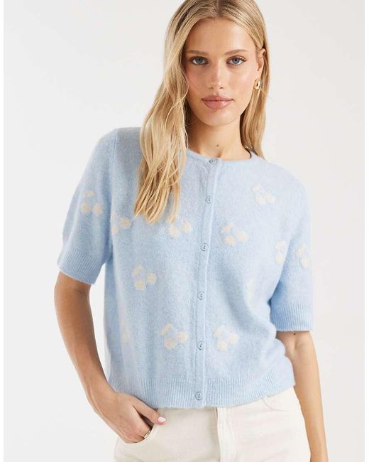 Vero Moda Blue Round Neck Knitted Short Sleeve Cardigan With Cherry Jacquard Print