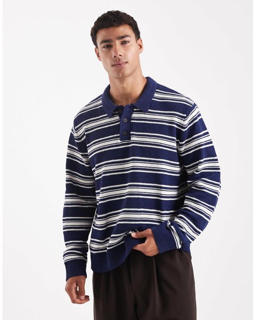 Jack & Jones Blue Knit Striped Polo Shirt for men
