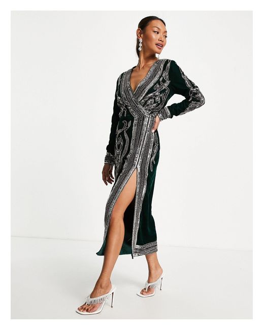 ASOS Green Velvet Wrap Midi Dress With Floral And Pearl Embellishment
