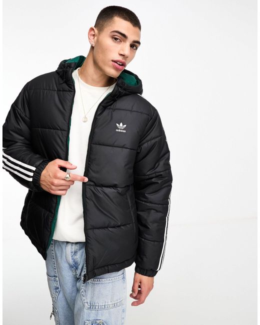 Adidas Originals Black 3 Stripe Reversible Puffer Jacket for men
