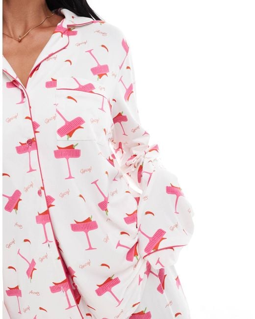Loungeable Pink Super Soft Jersey Pyjama Revere Top And Wide Leg Pants Set With Piping Detail