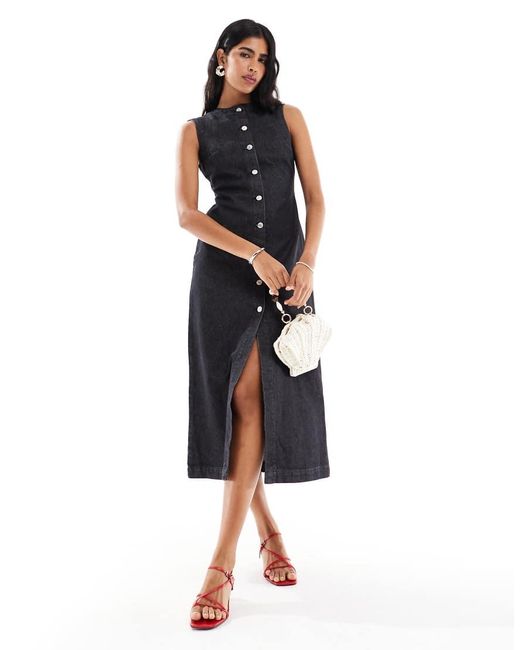ASOS Denim Maxi-Jurk Met Ronde Hals En Knoopsluiting Aan De Voorkant in het Black