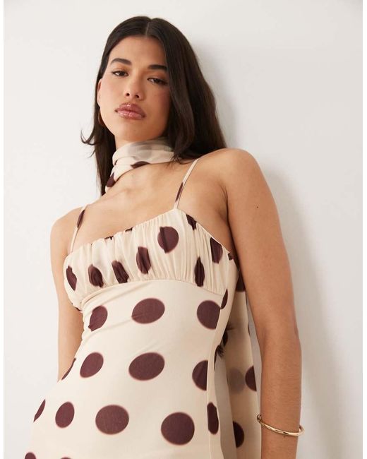 ASOS Pink Ruched Bust Polka Dot Printed Strappy Maxi Dress With Scarf Detail