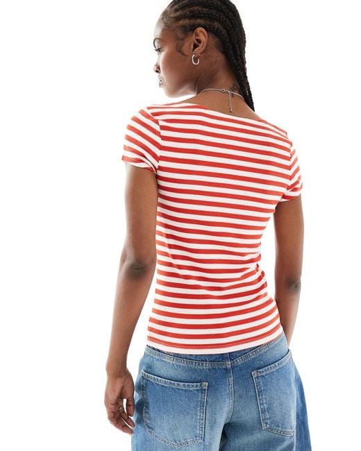 Monki Red Fitted Short Sleeve Top With Boat Neck