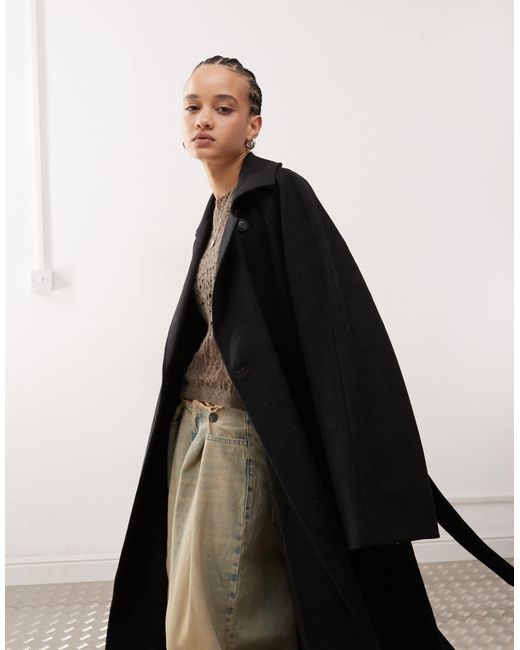Weekday Black Lead Wool Blend Oversized Coat With Double Button And Tie Waist Detail
