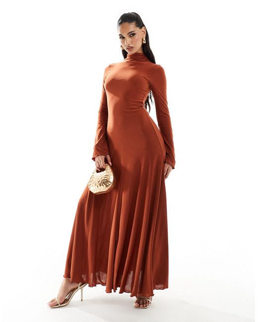 ASOS Red High Neck Long Sleeve A-line Maxi Dress