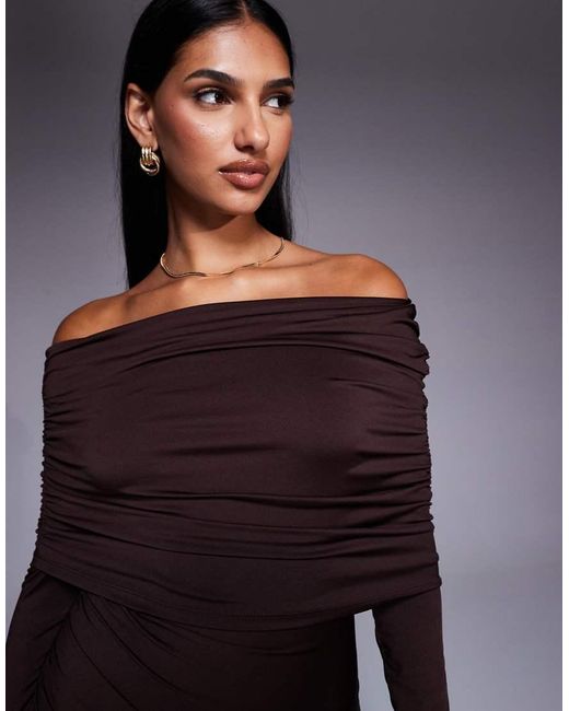Aria Cove Blue Double Sculpted Slinky Ruched Extreme Foldover Asymmetric Shoulder Mini Dress