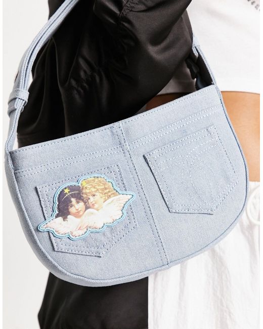 Fiorucci Black Denim Shoulder Bag With Angel Patch