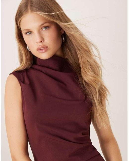 Mango Red Ruched Detail High Neck Sleeveless Midi Dress