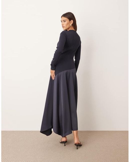 ARRANGE Blue Hybrid Knit Maxi Dress With Asymmetric Skirt