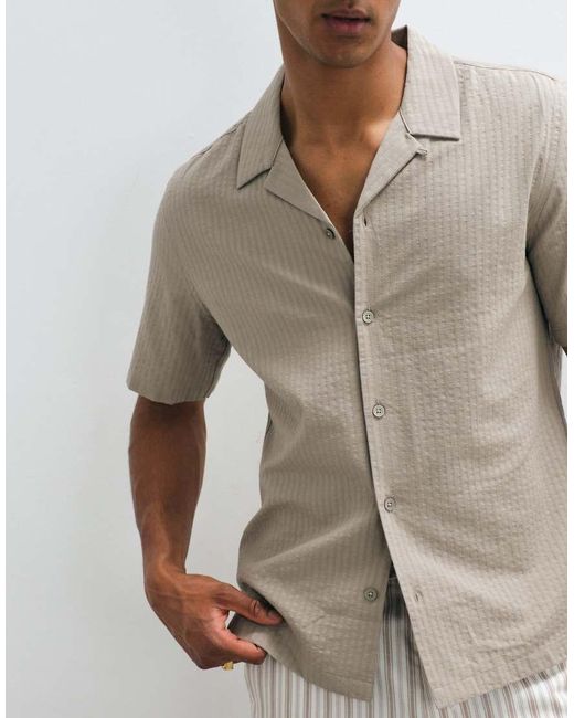 Mango Gray 100% Cotton Textured Stripes Short Sleeve Shirt for men
