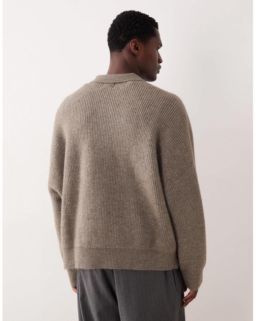 ASOS Brown Super Oversized Boxy Fit Knitted Fisherman Rib Notch Neck Jumper for men
