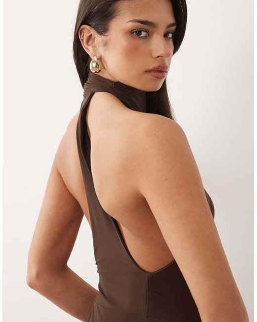 Missy Empire Brown Double Sculpted Slinky High Neck Twist Front Mini Dress