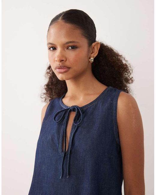 ASOS Blue Denim Keyhole Mini Shift Dress With Bow Detail