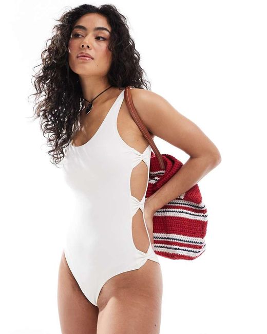 Monki White Mix And Match Cut Out Swimsuit With Bow Details